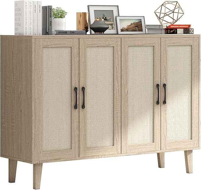 Panana Buffet Storage Cabinet with Rattan Decorating 4 Doors Living Room Kitchen Sideboard 48.43 x 34.65 x 15 inch (Natural Wood)