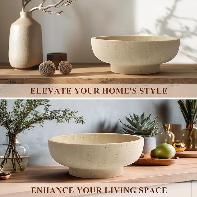 Large Decorative Bowl, Fruit Bowl for Kitchen Counter, Modern Resin Bowl for Home Decor, Key Holder for Entry Table, Artificial Travertine Beige