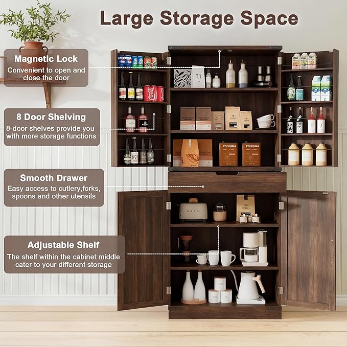 72" Kitchen Pantry Storage Cabinet with Doors and Shelves, Wood Farmhouse Pantry Storage with Barn Doors for Kitchen, Dining Room, Living Room, Dark Brown