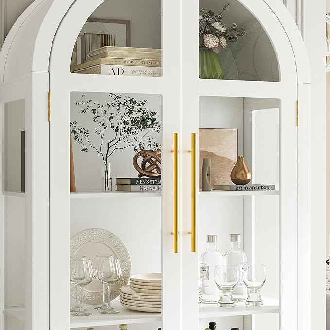 Arched Curio Cabinet with Glass Doors, 4-Tier Display Cabinet with 2 Drawers, Tall Bookcase with 3 Color Lights, Display Case, Kitchen Pantry (White)
