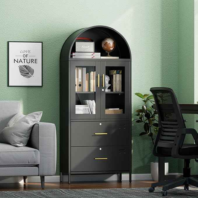 Tall Black Arched Bookcase, Metal Arched Bookshelf with 2 File Drawers and Locking Glass Doors,Assemble Required