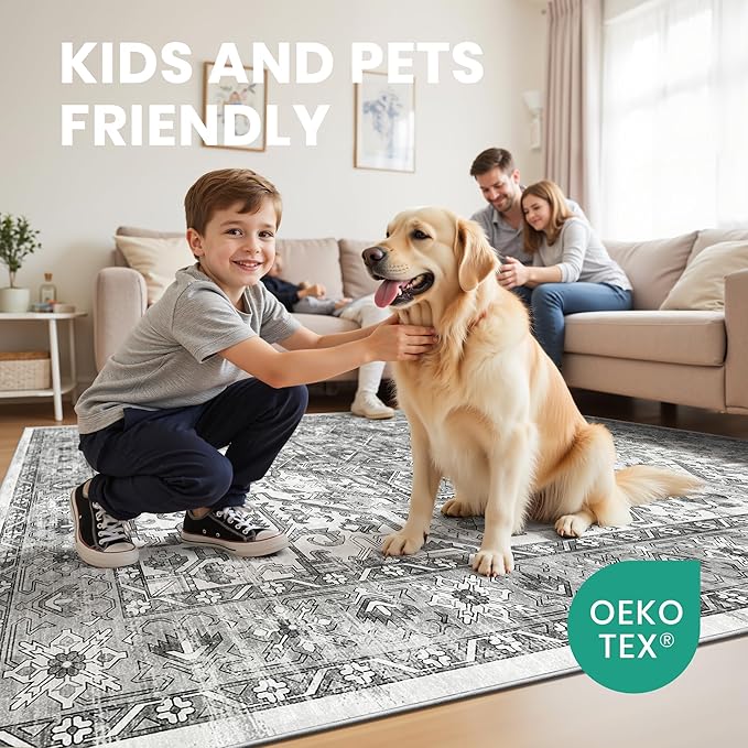 zesthome 9x12 Area Rugs,Stain Resistant Washable Rug,Ultra-Thin Rugs for Living Room,Bedroom,Non-Slip Backing Home Decor Large Area Rug (Grey/White,9'x12')