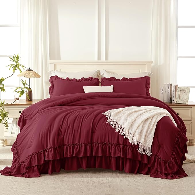 Andency Burgundy Comforter Set Oversized Queen, Lightweight Farmhouse Ruffle Bedding Set 98x98Inch, Soft Shabby Chic Bed Set for All Season 3 Pieces (1 Comforter 2 Pillowcases)