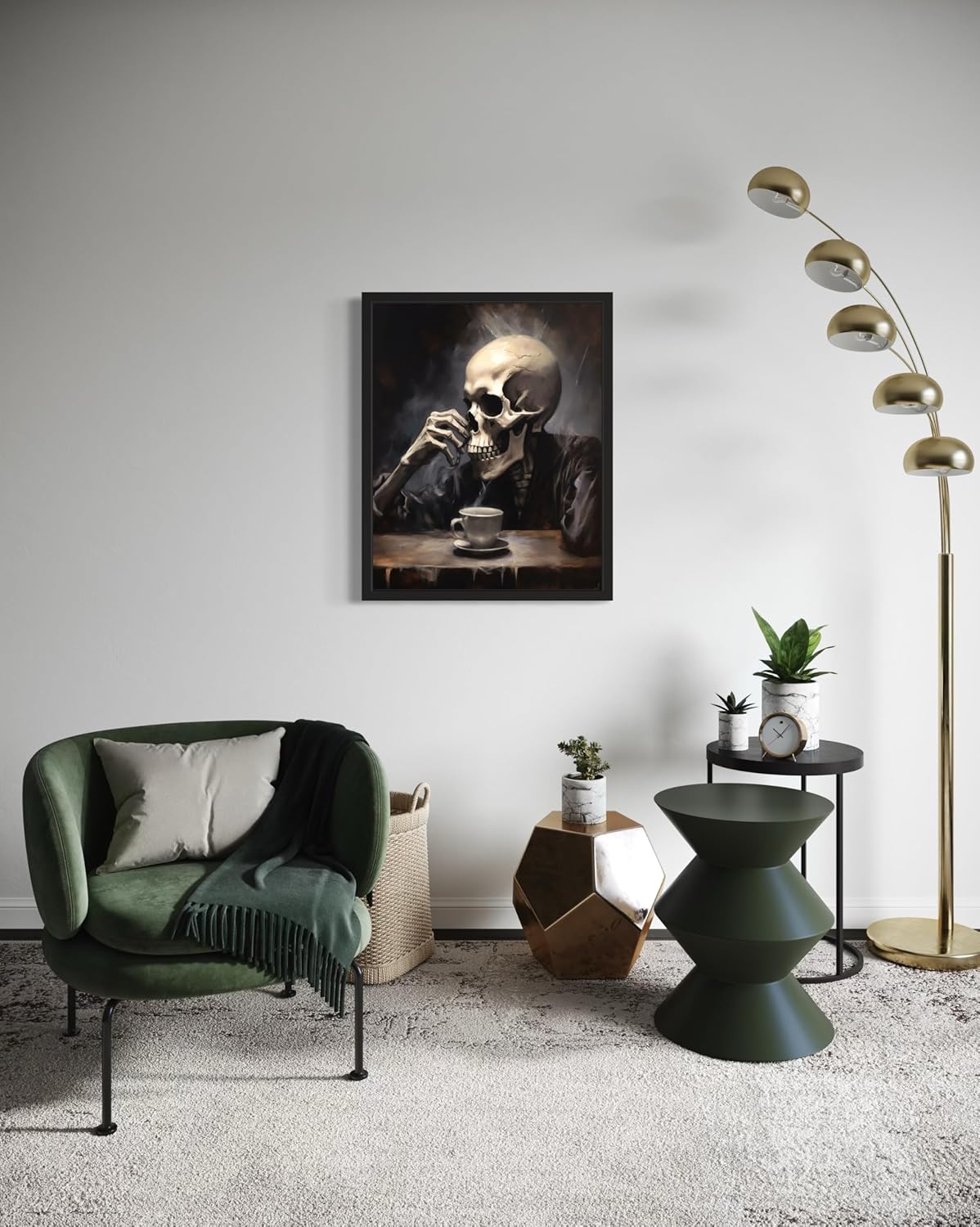 Skull Drinking Coffee Poster Art Print, Halloween Scary Vintage Wall Art Academia Spooky Painting Decoration for Horror Prints, Gothic Posters Bedroom Decor 89 (Skull Drinking Coffee, 16 x 20 inches, Black Frame)