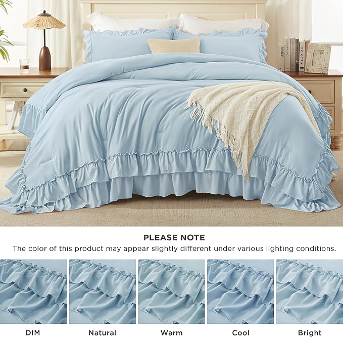 Andency Light Blue California King Comforter Set (104x96Inch), 3 Pieces Farmhouse Shabby Chic Ruffle Bedding Comforter Sets, Lightweight Fluffy Soft All Season Bed Set