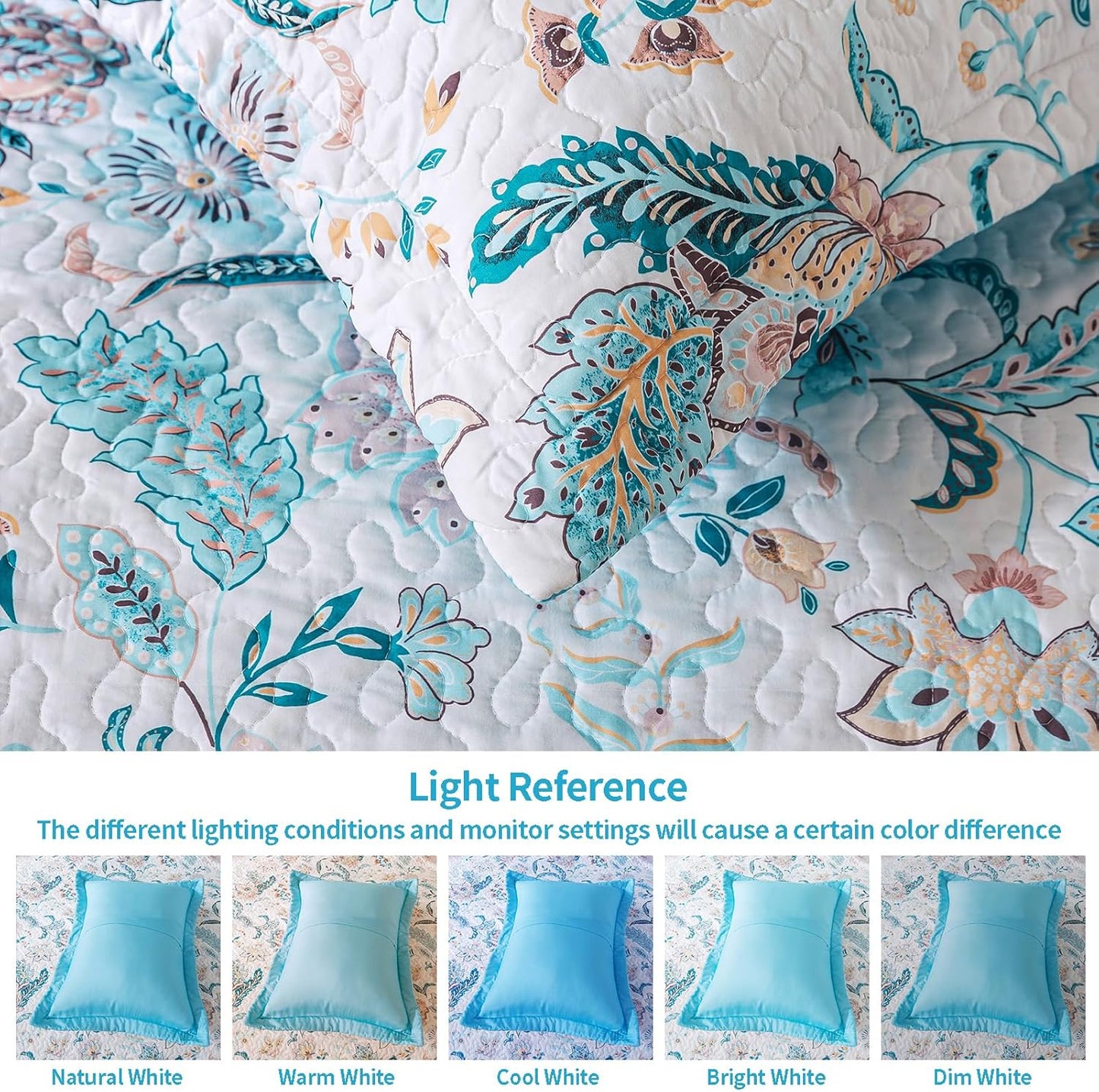 VAPUTAR Garden Queen Size Bedspread for Adults - Floral Quilt Queen Size Bedding Set (90 x 98 inch) with 2 Pillow Shams - Lightweight Reversible Coverlet Quilt for Bedroom, 3 Pieces