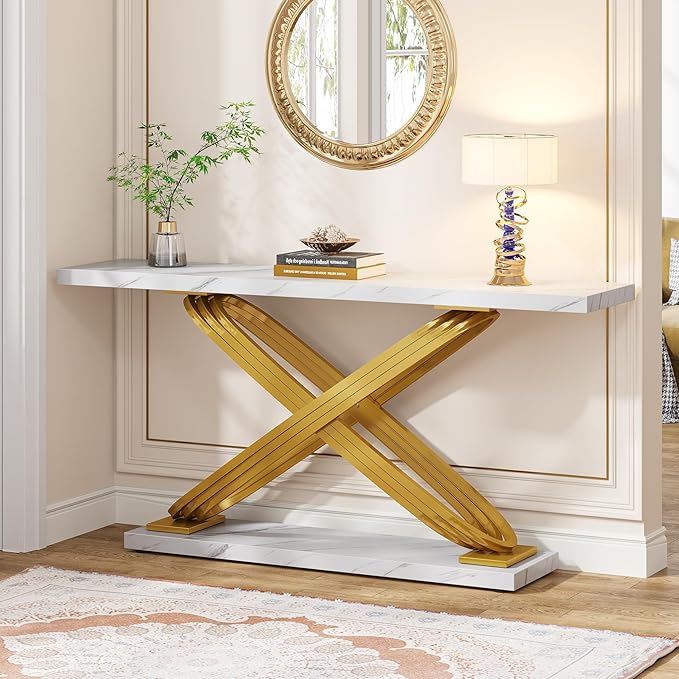 LITTLE TREE Console Table, 55" Long Modern Entryway Table for Living Room, Hallway, Faux Marble White & Gold