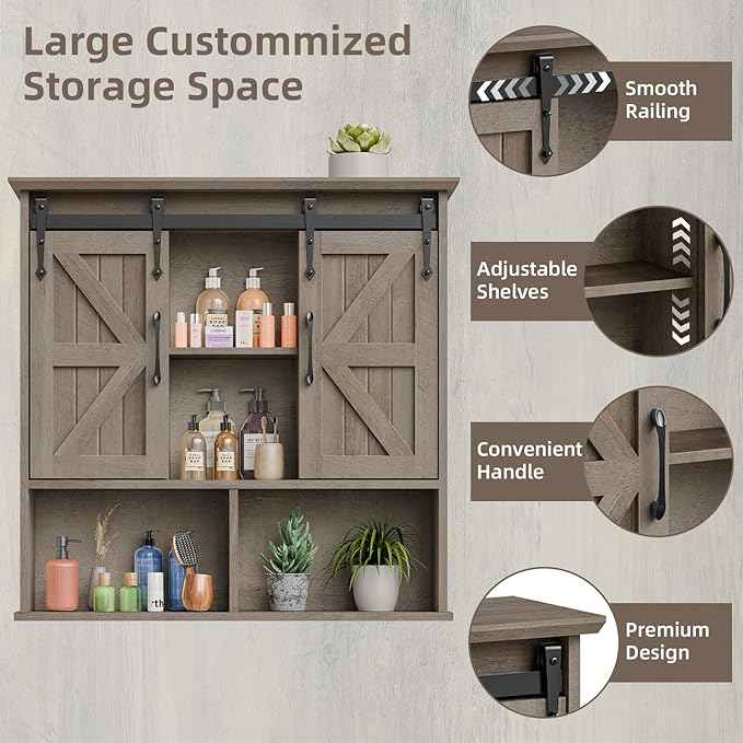 Vabches Bathroom Wall Cabinet, Farmhouse Wooden Medicine Cabinet with Double Sliding Barn Door and Adjustable Shelves, Farmhouse Storage Cabinet Wall Mounted for Bathroom, Kitchen Dining, Washed Oak
