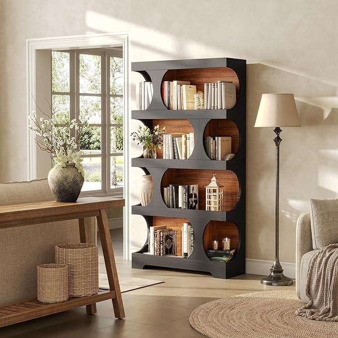 LITTLE TREE 4-Tier Large Bookshelf, 70.8-Inch Tall Bookcase with Storage Shelves, All Wooden Modern Display Rack, Black Open Book Shelf for Living Room, Bedroom, Office