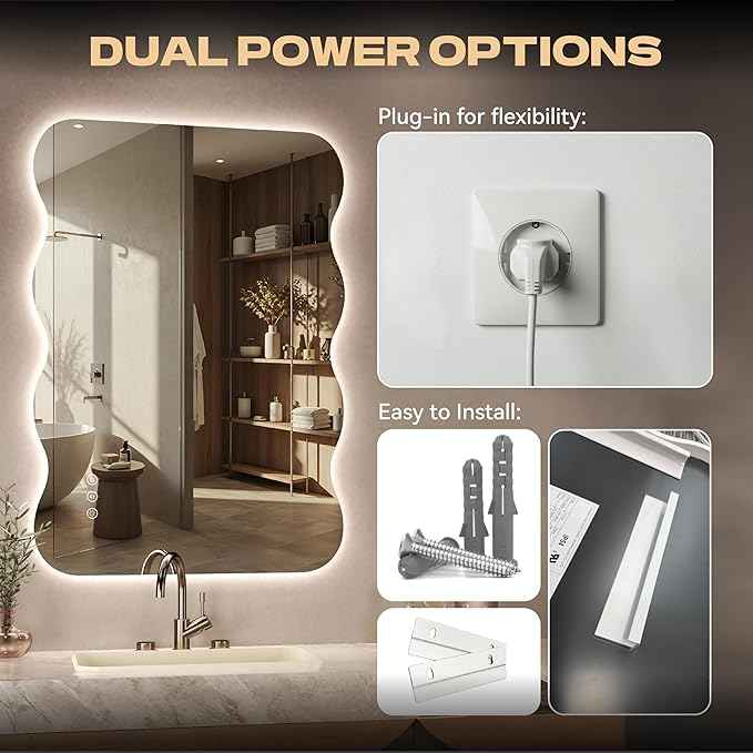 Hasipu Wavy Full Length Mirror with Lights - 40"×32" LED Wavy Floor Mirror, Frameless, Dimmable, Standing or Vertical/Horizontal Wall-Mounted Mirror for Bedroom, Living Room, Cloakroom