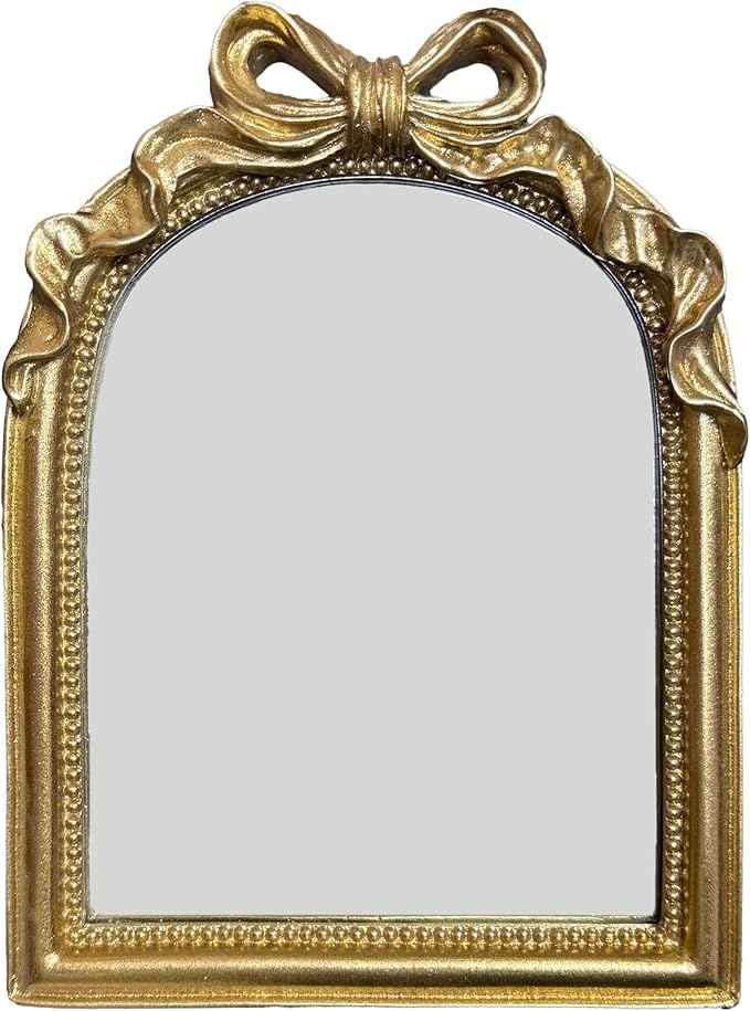 Vintage Carved Resin Desk Mirror - 8x6 Inch Decorative Vanity Mirror for Makeup, Dorm, Bedroom & Tabletop Deco (Bow Gold, 8" L x 6" W)