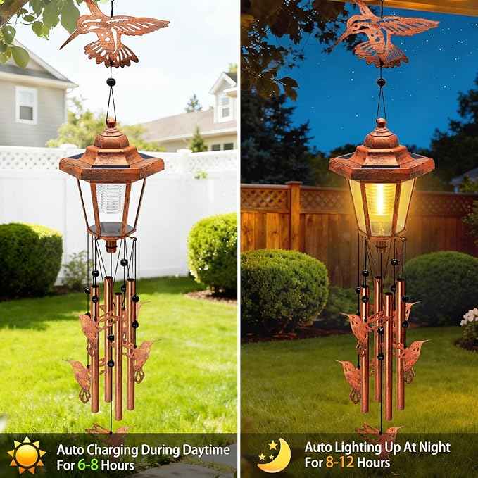 Large Solar Hummingbird Wind Chimes, Gifts for Women Mom Grandma Wife Sister Daughter Neighbor, Classic Bronze Wind Chimes with Wind Catcher, Solar Decor Lights for Outdoor Garden Patio Porch Window