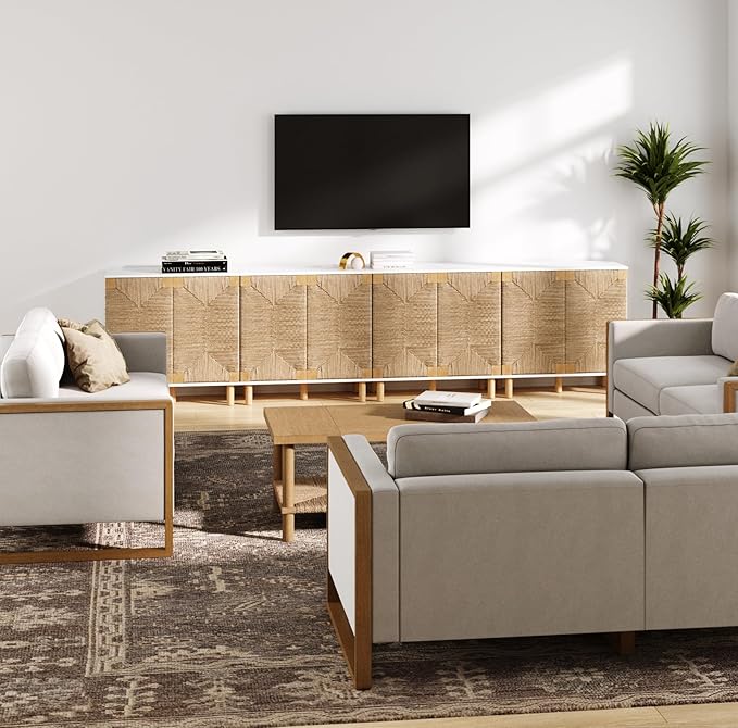 Nathan James Beacon Accent Natural Sideboard Storage Cabinet TV Stand with Adjustable Interior Shelf and Seagrass Doors, for Hallway, Entryway or Dining Room, Light Brown/White, Set of 4