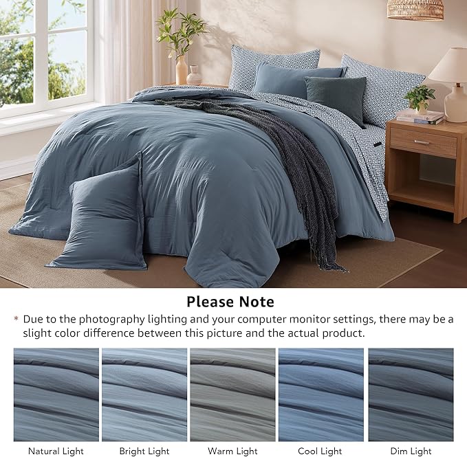 Monbix Queen Comforter Set - 7 Pieces Oxford Blue Prewashed Bed in a Bag Queen Bedding Sets with Comforters, All Seasons Ultra Soft Comforter Bed Set with Sheets,Pillowcases & Shams