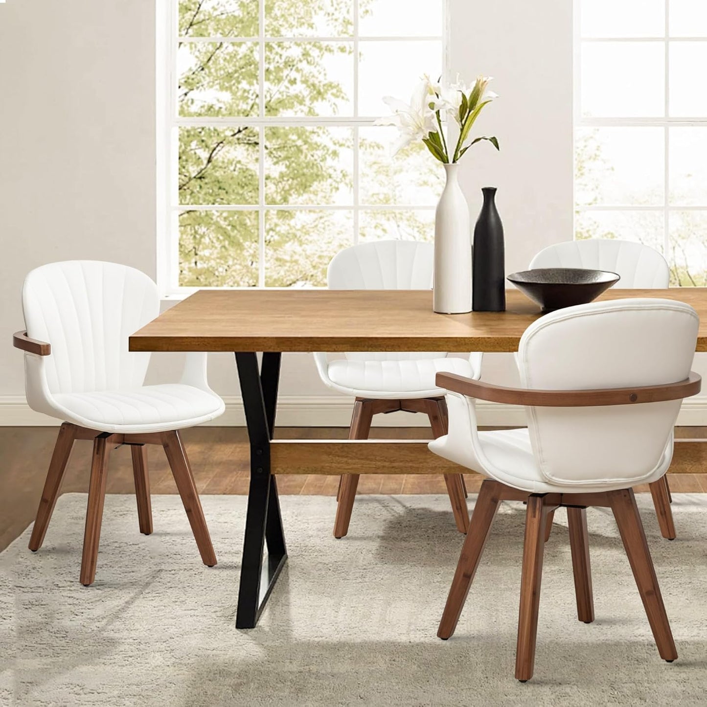 LUNLING Swivel Dining Chairs Set of 4, Mid Century Modern White Faux Leather Kitchen Chairs with Arms,Bamboo Legs Side Chairs No Wheels,Accent Chair for Dining Rooms and Offices