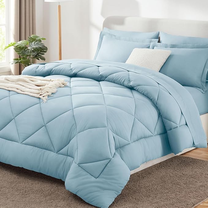 CozyLux Full Size Comforter Sets Light Blue - 7 Pieces Bed in a Bag Full, Luxury Soft Bed Set for All Seasons, Bedding Set with Down Alternative Comforter, Sheets, Pillowcases & Shams