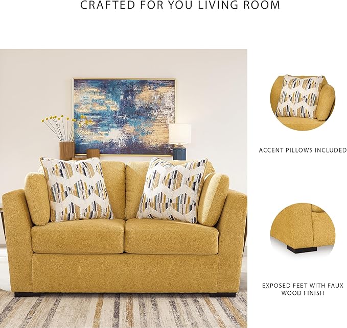Signature Design by Ashley Keerwick Scandinavian Loveseat with 4 Toss Pillows, Yellow