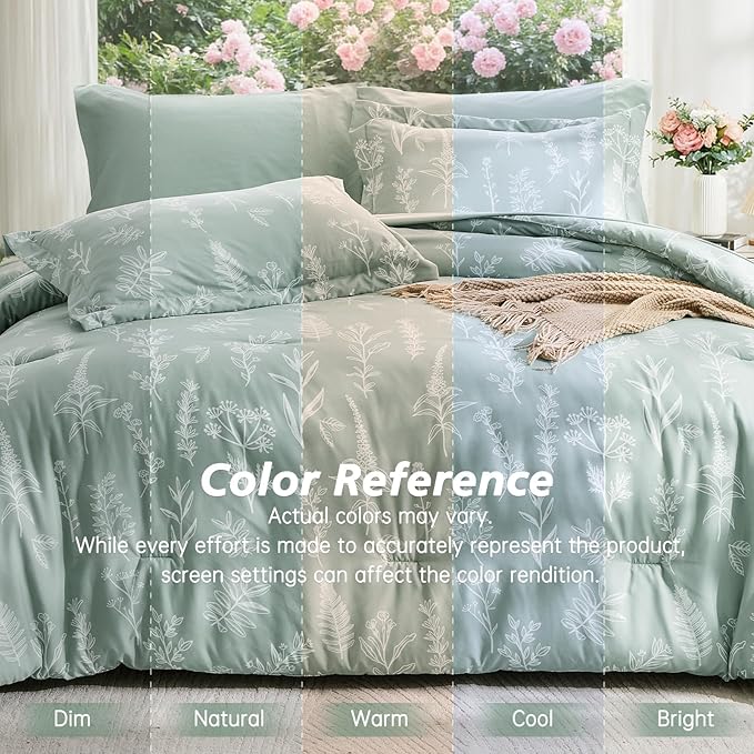 MUXHOMO King Comforter Set 7 Pieces, Sage Green Elegant Floral Print Bed in a Bag King, Ultra Soft & Breathable Reversible Botanical Pattern Bedding Set with Comforter, Sheets, Pillowcases, and Shams