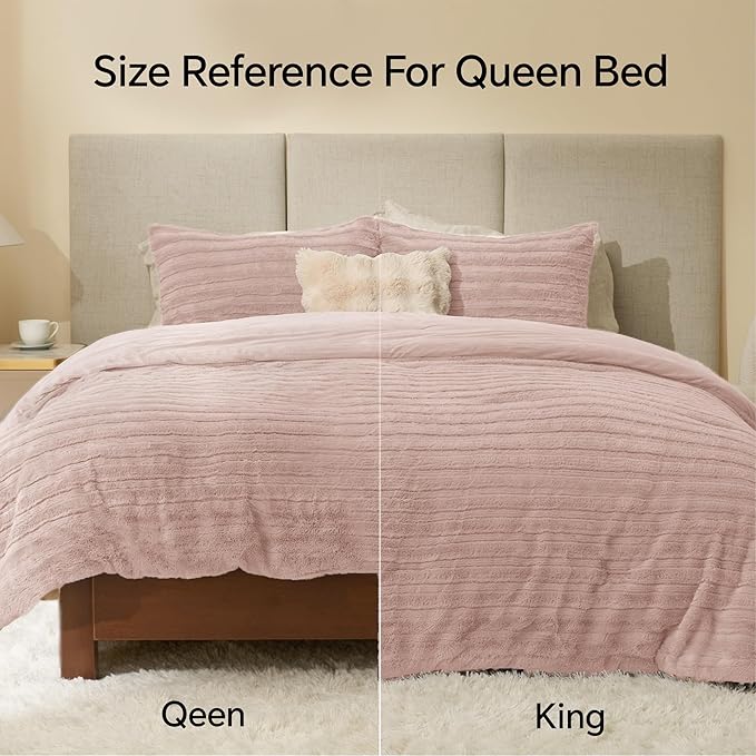 BEDELITE Fleece Queen Comforter Set -Super Soft & Warm Fluffy Pink Faux Fur Bedding, Luxury Fuzzy Heavy Bed Set for Winter with 2 Pillow Cases