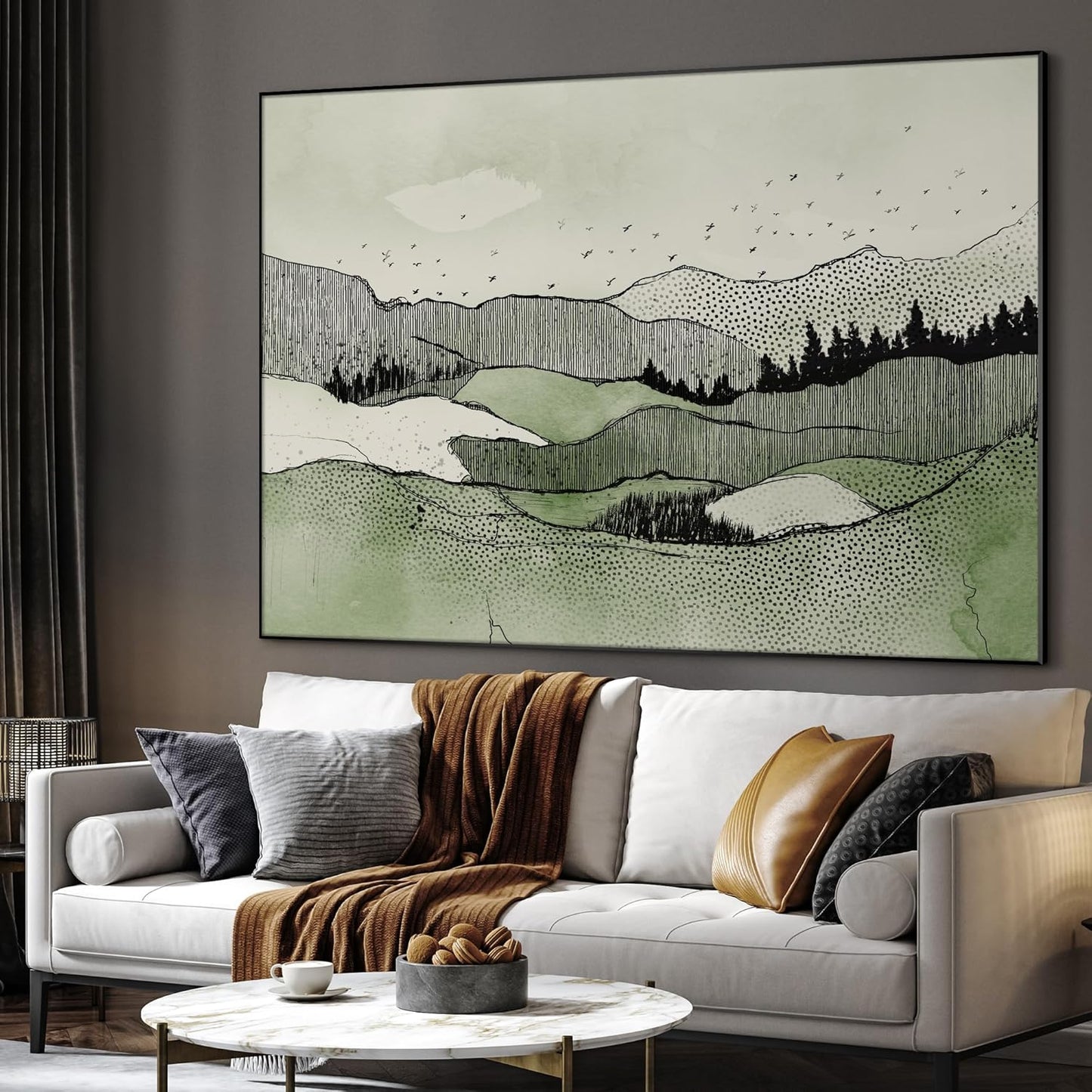 SIGNWIN 46"x60" Extra Large Framed Wall Art Green Line Art Mountain Landscape Illustration for Home Living Room Bedroom Decor (Frame Assembly Required)