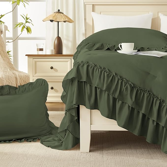 Andency Olive Green Queen Comforter Set (90x90Inch), 3 Pieces Lightweight Fluffy Ruffle Bedding Comforter Sets for Queen Bed, Farmhouse Shabby Chic Soft Microfiber All Season Bed Set