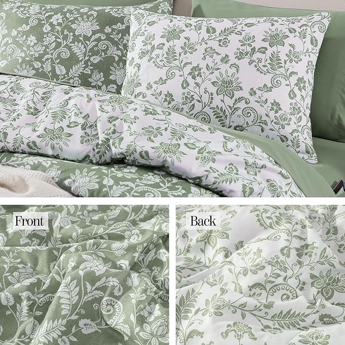 Queen Comforter Set -7 Pieces Floral Grey Green Comforter Set for All Seasons, Bed in a Bag Queen with Botanical Flowers Comforter, Sheets, Pillowcases & Shams