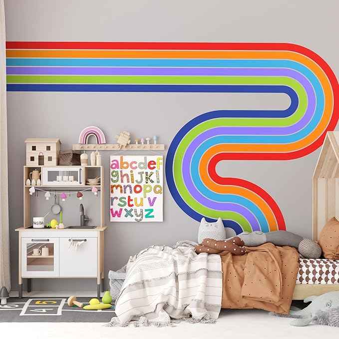65" x 116" Large Removable Boho Rainbow Road Wall Decor - Colorful Self-Adhesive Pastel Sticker, Peel and Stick Giant Decal Wallpaper for Kids Baby Girl Bedroom Nursery (A)
