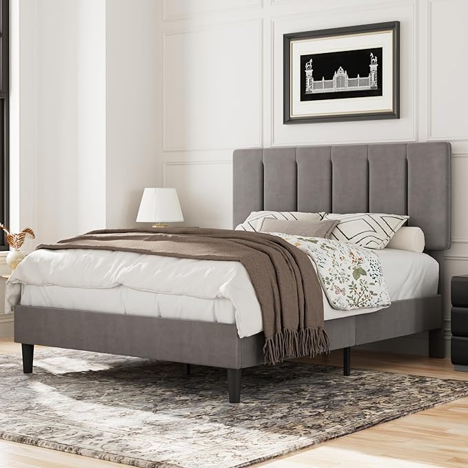 VECELO Full Size Bed Frame with Upholstered Headboard, Platform Bedframe with Strong Wooden Slats Support, No Boxing Spring Needed, Dark Grey