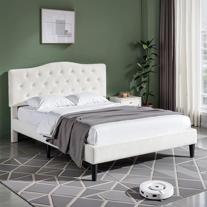 VECELO Queen Size Bed Frame with Upholstered Headboard, Velvet Platform Bedframe Mattress Foundation, Sturdy Wooden Slats Support,No Box Spring Needed Noise Free/Easy Assembly, White