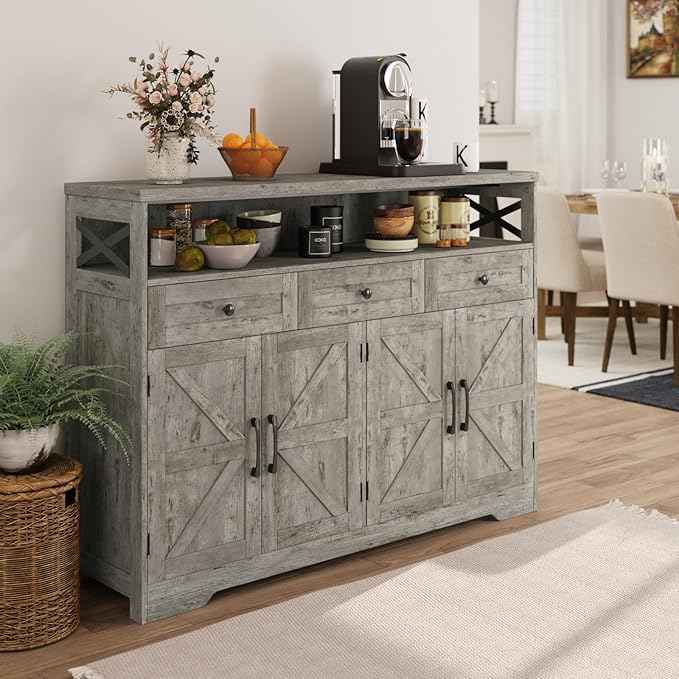 Farmhouse Buffet Cabinet with Drawers & Barn Doors, Sideboard with Storage, Kitchen Pantry Cabinet Hutch, Coffee Bar Station for Kitchen, Livingroom, 52" L, Washed Grey