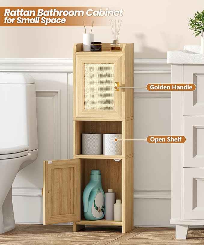 Rattan Small Bathroom Cabinet with 2 Doors, 7.9''D x 9.8''W x 34.8" H Narrow Floor Cabinet with Adjustable Shelf, Bathroom Organizer for Small Spaces, Wooden Corner Unit, Natural Oak