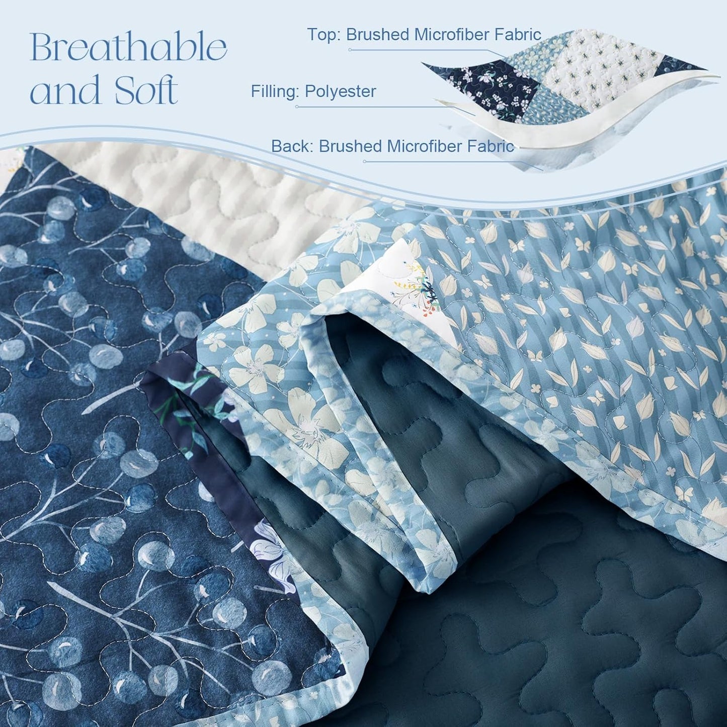 Exclusivo Mezcla Reversible Boho Quilt Set Twin Size, 2 Pieces Patchwork Blue All Season Bedspreads, Ultra Soft Floral Coverlet Bedding Set with Printed Pattern (1 Quilt, 1 Pillow Sham)