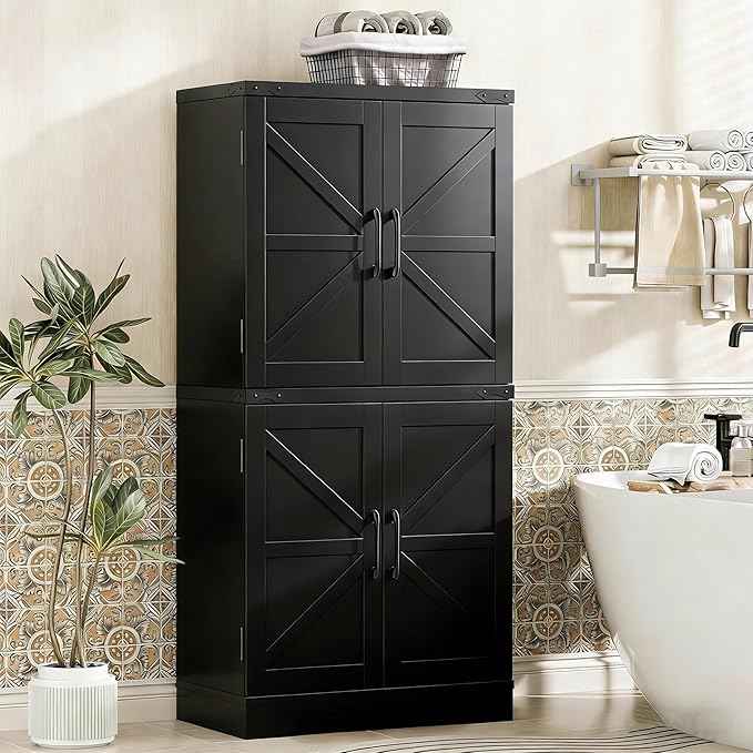 Vabches 43" Tall Farmhouse Kitchen Pantry, Floor Storage Cabinet with Adjustable Shelves, Farmhouse Storage Cabinet for Bathroom, Kitchen, Living Room, Rustic Style Cabinet