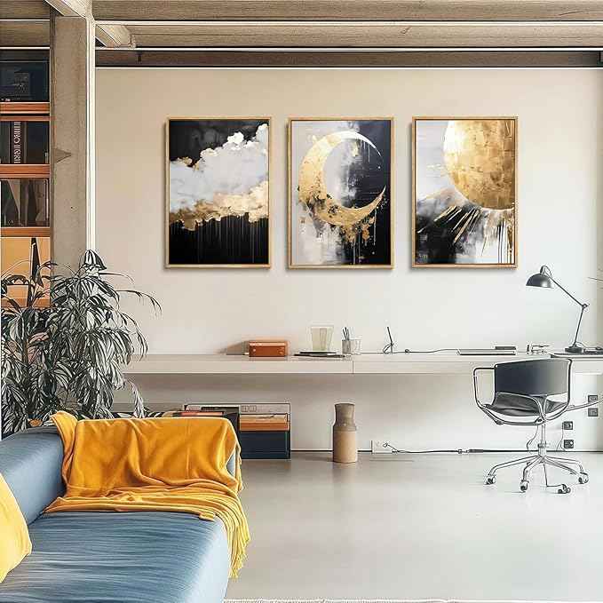 3Pcs Black and Gold Abstract Canvas Wall Art Sun Moon And Cloud Posters Prints Maximalist Pictures Wall Decor For Living Room, Bedroom,bathroom Decoration Unframed