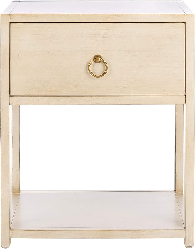 SAFAVIEH Home Collection – Yudi Antique White & Gold 1-Drawer Nightstand with Shelf, Classic Accent Table for Bedroom Storage, Fully Assembled (NST9201B)