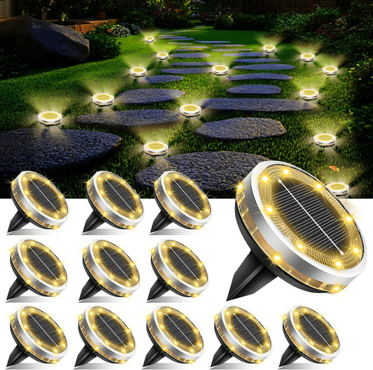 Solar Ground Lights Outdoor 12 Pack Waterproof, Upgraded Solar Garden Lights with 4 Side Light, Stainless Steel Solar Powered Disc Landscape Light for Walkway Pathway Lawn Yard Patio Deck-Warm White