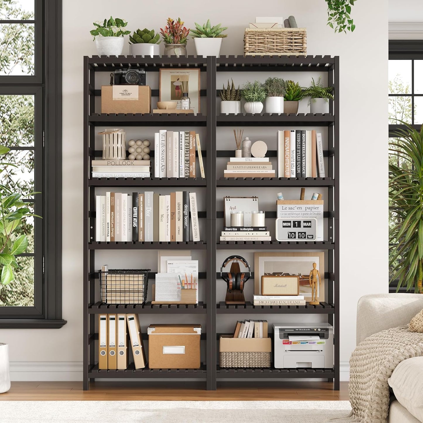 FOTOSOK 6-Tier Bamboo Shelf Set of 2, Bamboo Bookcase with Adjustable Shelves, Free Standing Storage Shelf Unit and Plant Flower Stand, Tall Large Bookshelf for Kitchen, Bathroom, Home Office, Vintage - Décor Diaries