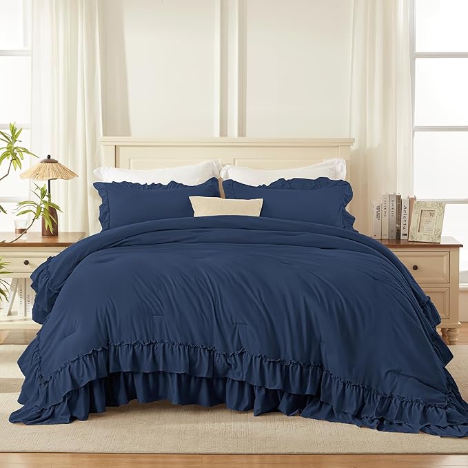Andency Navy Blue California King Comforter Set (104x96Inch), 3 Pieces Farmhouse Shabby Chic Ruffle Bedding Comforter Sets, Lightweight Fluffy Soft Microfiber All Season Bed Set
