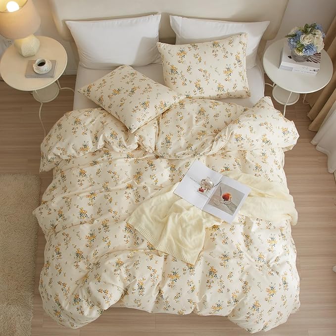 Vintage Yellow Flower Comforter Set Queen Fluffy Soft Floral Bedding Comforter Boho Flower Leaves Botanical Comforter Cottagecore Bedding Set Aesthetic Floral Comforter Set Queen Size for All Season