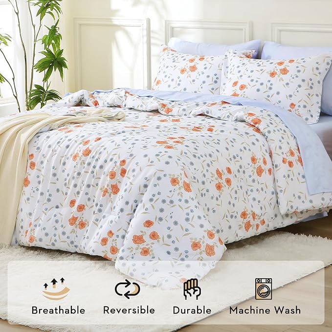 MUXHOMO Orange Blossom Bed in a Bag Queen 7 Pieces, Queen Comforter Set Reversible Botanical Flowers Design, Ultra Soft & Breathable Bedding Sets with Comforter, Sheets, Pillowcases & Shams