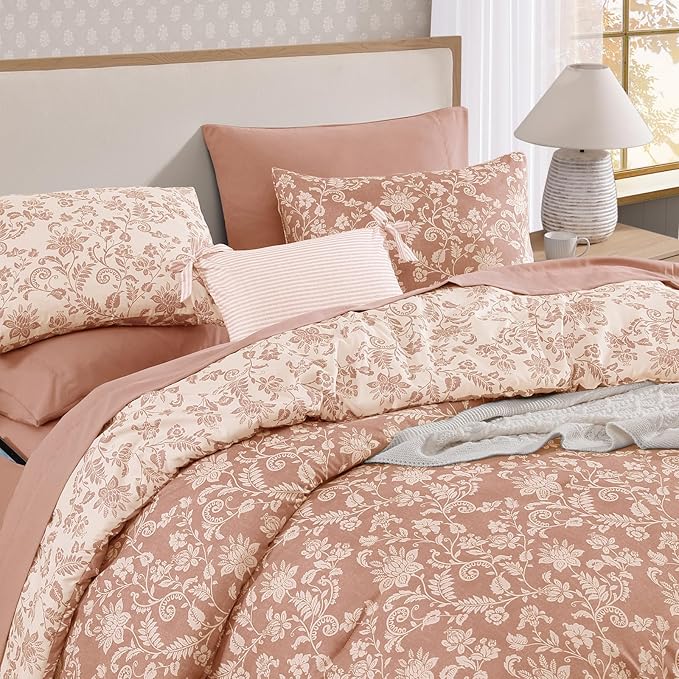 Queen Comforter Set -7 Pieces Clay Pink Floral Comforter Set for All Seasons, Bed in a Bag Queen with Botanical Flowers Comforter, Sheets, Pillowcases & Shams