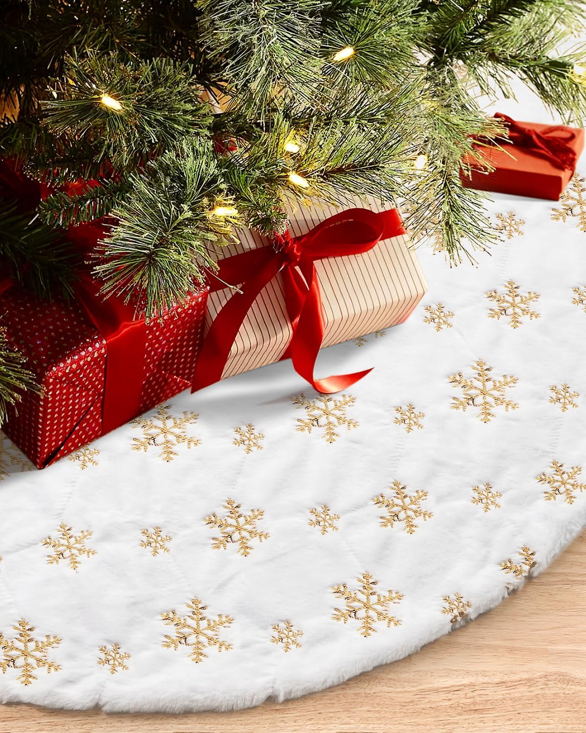 COOLWUFAN 60 Inches Christmas Tree Skirt for Xmas Tree Holiday Party Decoration White Plush Gold Sequin Snowflake (Gold)