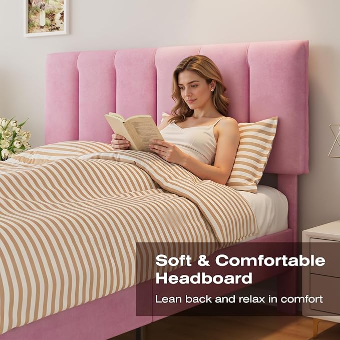 VECELO Queen Bed Frame with Upholstered Headboard, Heavy-Duty Platform Bedframe with Strong Wooden Slats Support, No Boxing Spring Needed, Pink