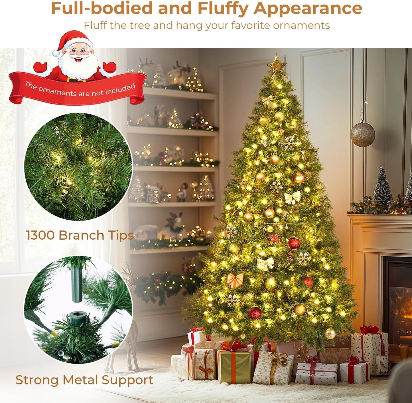 7.5 ft Artificial Christmas Tree with 1300 Branch Tips, Holiday Xmas Tree with Foldable Base and Easy Assembly, Outdoor Christmas Trees for Yard Porch Home Office Party Decoration, Green