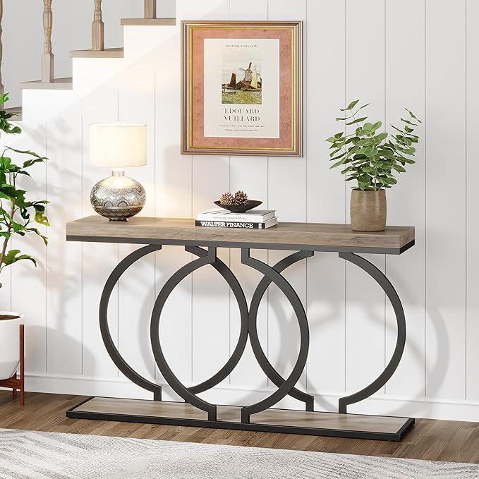 Tribesigns Console Table, 55-Inch Industrial Entryway Table with Geometric Metal Frame, Narrow Long Wood Accent Sofa Table for Living Room, Entrance, Hallway, Vintage Grey