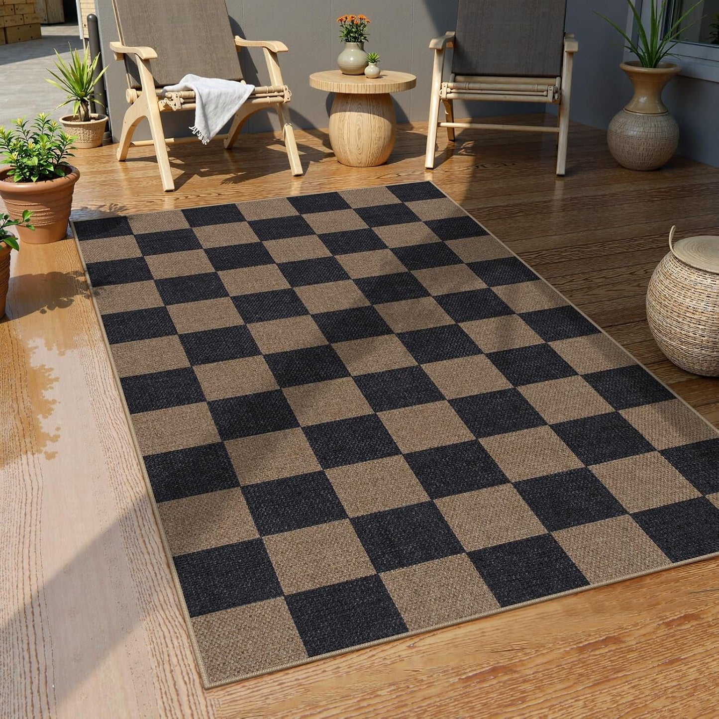 Lahome Checkered Easy Jute 3x5 Rug, Washable Rugs for Living Room Entryway Farmhouse Non Slip Black Outdoor Carpet, Checkerboard Indoor Door Mat for Entry Patio Deck