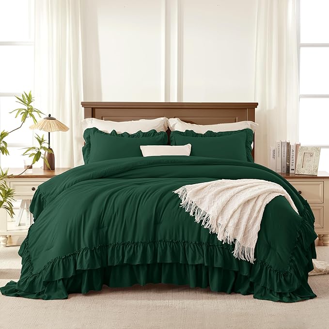 Andency Dark Green Ruffle Comforter Full Set, 3pcs Vintage Farmhouse Shabby Chic Bedding Comforter Set, Soft Lightweight Fluffy Bed Comforter Sets All Season Bedding Set
