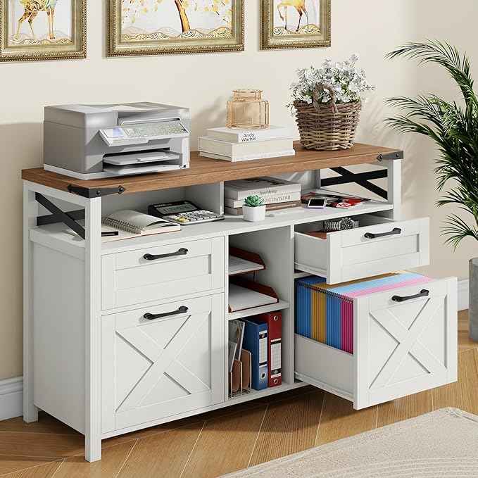 Vabches Farmhouse Filing Cabinet with Adjustable Shelf for Home Office, Lateral File Cabinets 4 Drawers with Open Storage Shelf, Filing Organization Storage Cabinets for Hanging Files Letter/A4