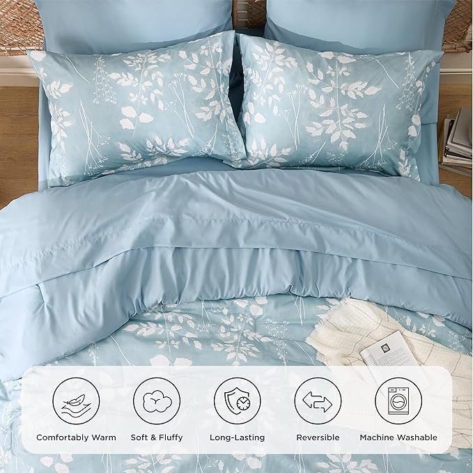 Bedsure Sky Blue King Comforter Set - 7 Pieces Floral Bedding Sets, King Bed in a Bag with Reversible Botanical Flowers Comforter, Sheets, Pillowcases & Shams