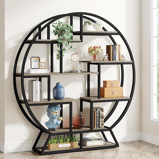 Tribesigns Bookshelf, Round Bookshelves Etagere Bookcase, 63 Inch Industrial Wood Book Shelf with Staggered Shelves, Open Shelving Organizer Rack Display Shelf for Home Office, Living Room, Grey